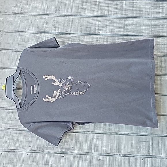 Merona Ladies Large Embellished Reindeer Gray Short Sleeve T-Shirt Used - Picture 1 of 9